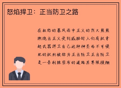 怒焰捍卫:正当防卫之路