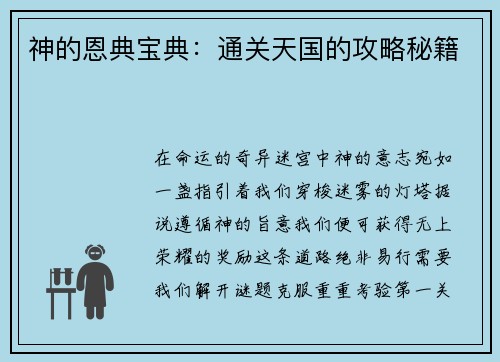 神的恩典宝典：通关天国的攻略秘籍